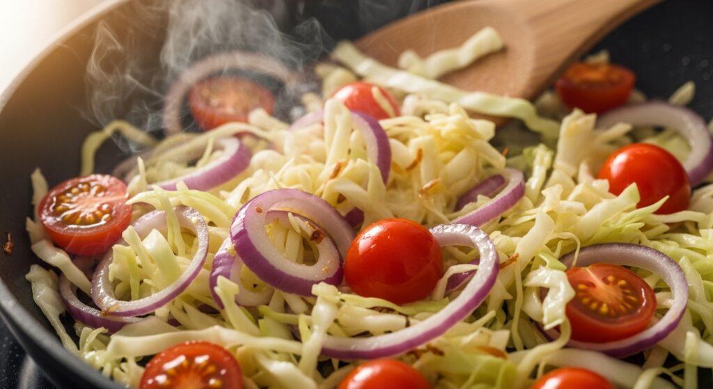 Repolho sendo refogado com temperos para a receita de repolho refogado com ovo