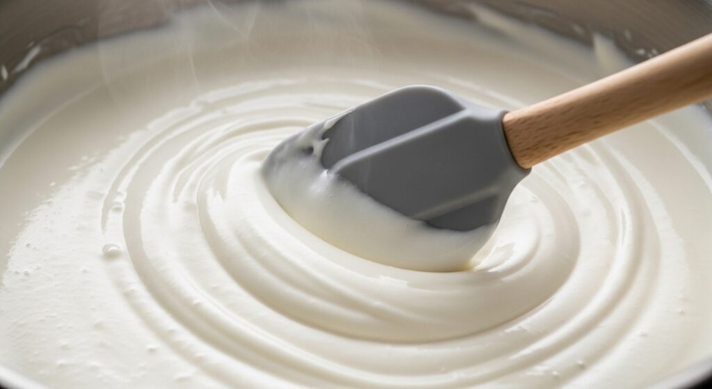 Creme branco da receita de banana caramelizada na travessa sendo preparado na panela.