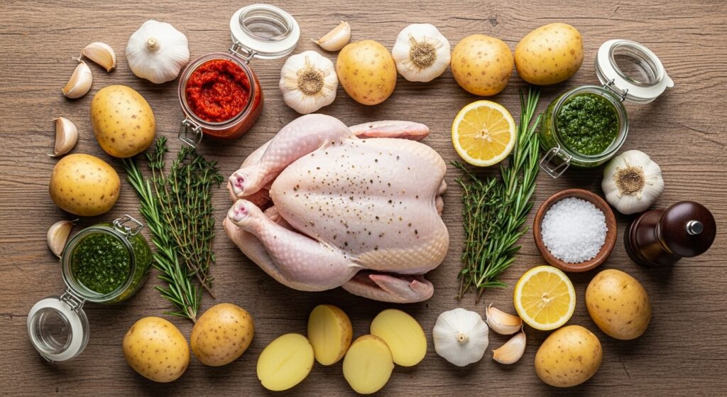 Ingredientes para a receita de frango assado inteiro com batatas organizados em uma bancada de cozinha.