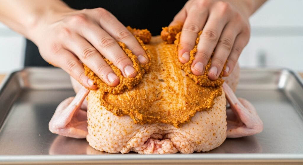 Mãos temperando o frango para a receita de frango assado inteiro com batatas.