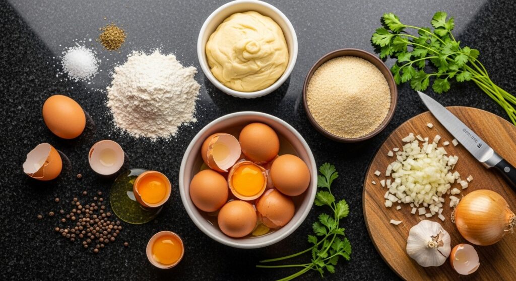 Ingredientes para a receita de ovo empanado com massa de coxinha organizados em uma bancada.