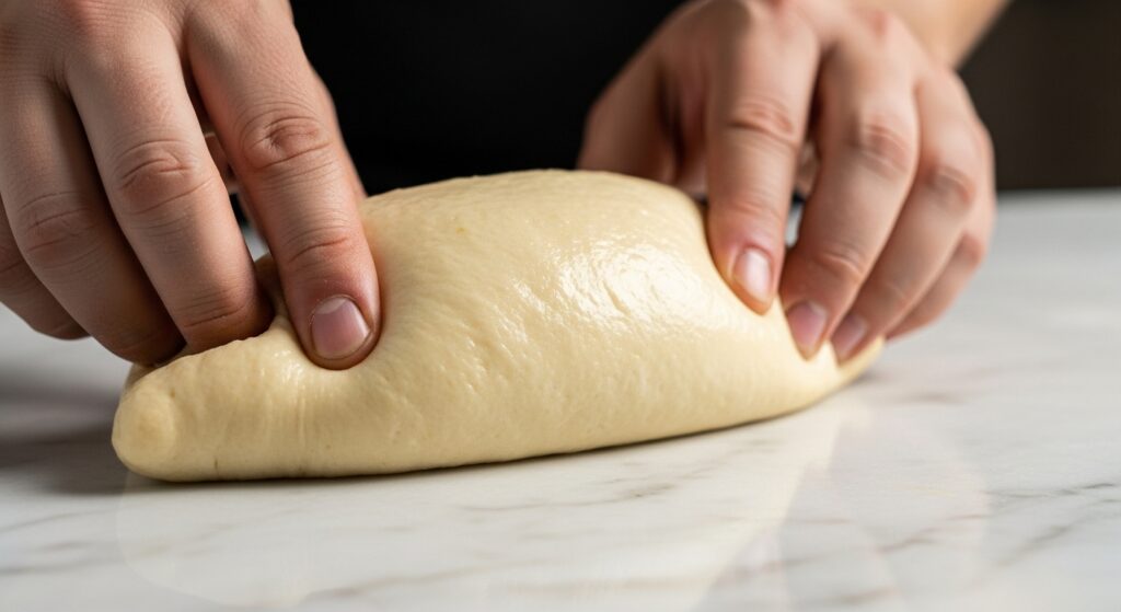 Massa da receita de ovo empanado com massa de coxinha sendo preparada em bancada.