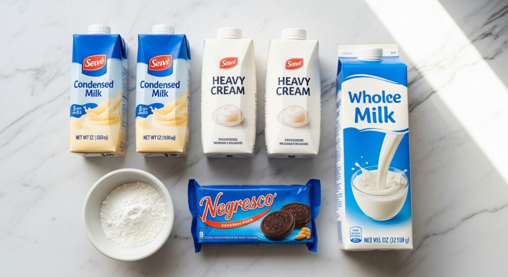 Ingredientes para a receita de pavê de Negresco fácil organizados em uma bancada de cozinha.