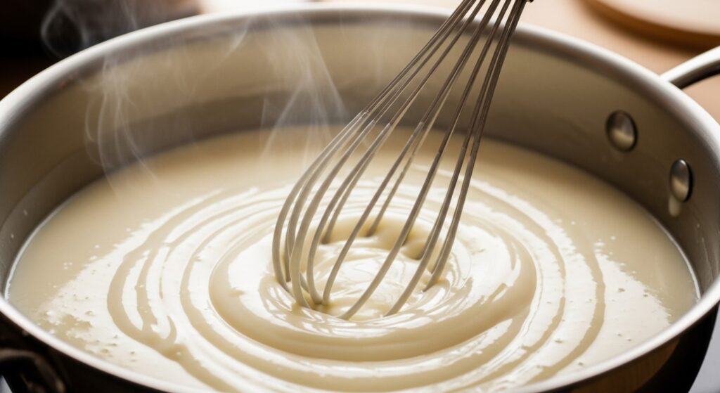 Creme branco para a receita de pavê de Negresco fácil sendo preparado em uma panela