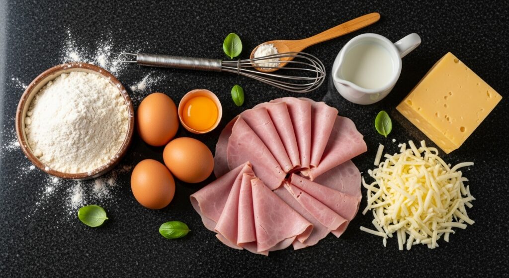 Ingredientes para a receita de risoles de presunto e queijo organizados em uma bancada de cozinha.