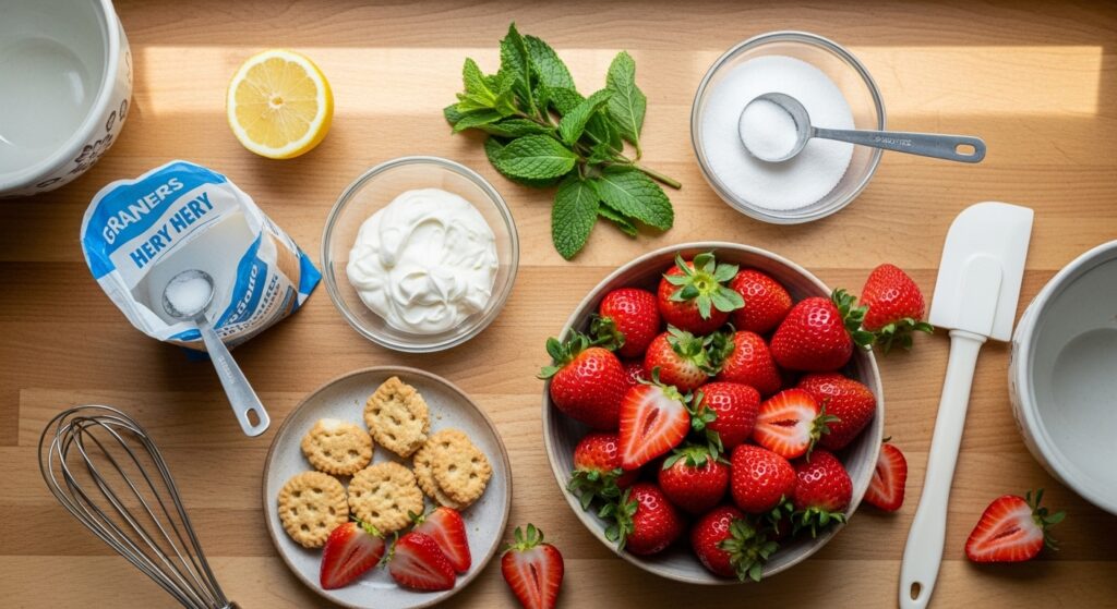 Ingredientes para sobremesa de morango fácil organizados em uma bancada de cozinha.