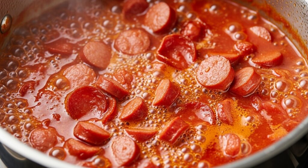 Molho da receita de arroz de forno com salsicha e calabresa sendo preparado na panela.