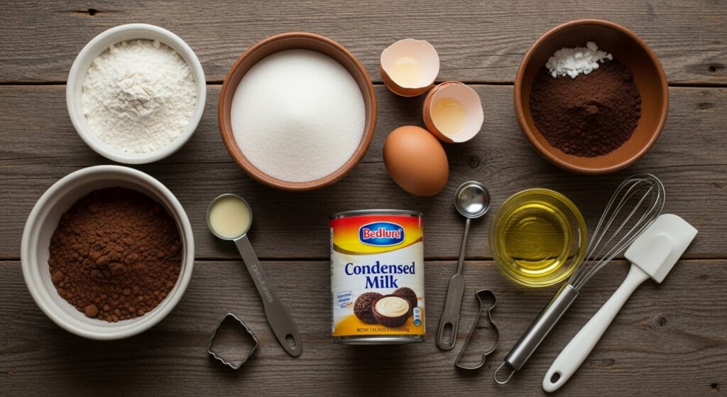 Ingredientes para a receita de bolo brigadeirão organizados em uma bancada de cozinha.