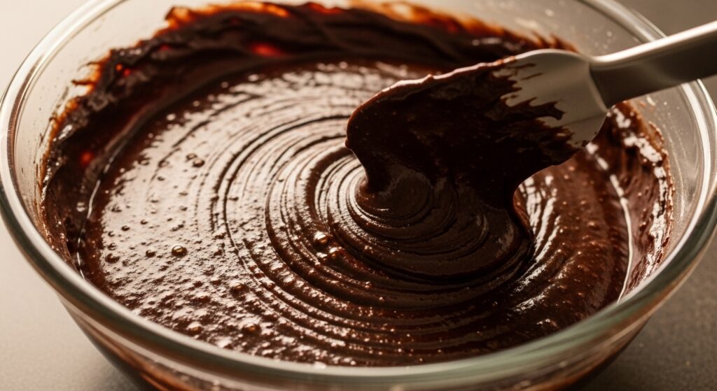 Massa da receita de bolo brigadeirão sendo preparada em uma tigela de vidro.