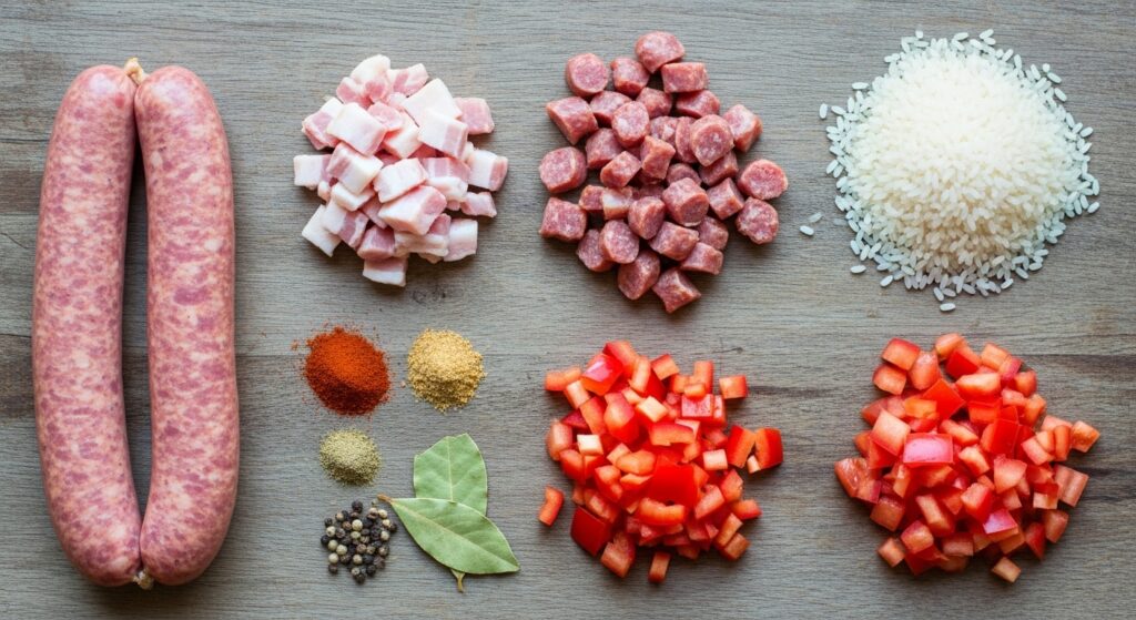 Ingredientes para a receita de arroz com linguiça na panela de pressão organizados em uma bancada de madeira.