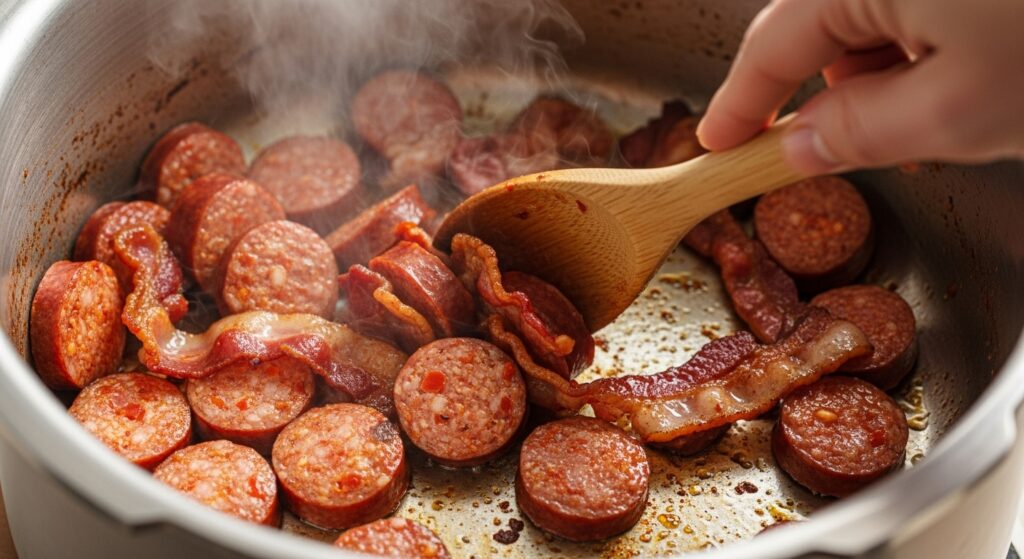 Linguiça e bacon sendo refogados para a receita de arroz com linguiça na panela de pressão.