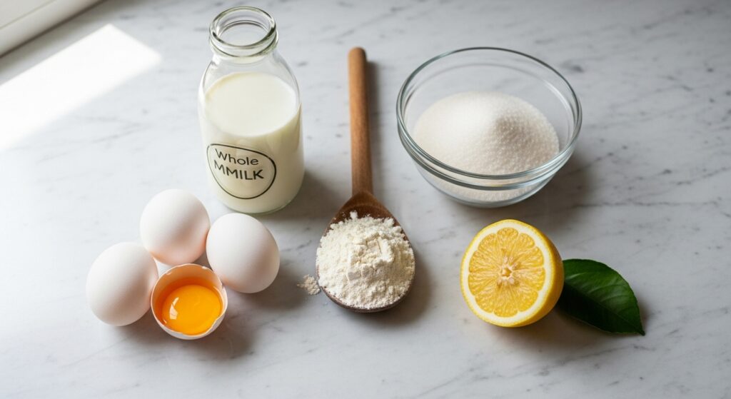 Ingredientes para a receita de bolo cremoso sem óleo e sem fermento organizados em uma bancada de cozinha.