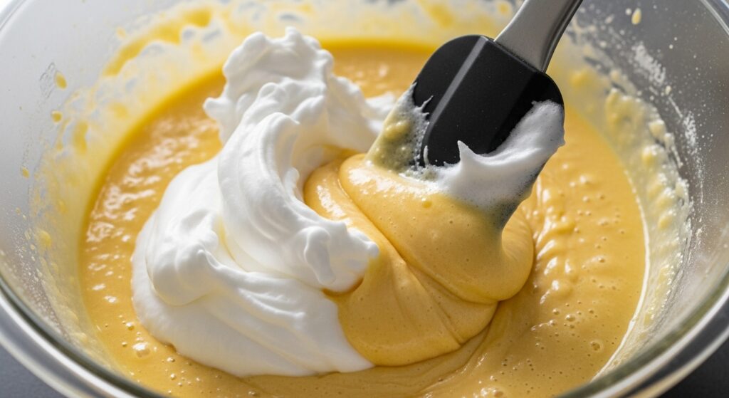 Massa líquida do bolo cremoso sendo misturada com claras em neve em uma tigela de vidro.