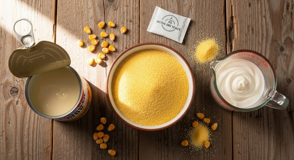 Ingredientes para a receita de bolo de fubá com leite condensado organizados em uma bancada de madeira.