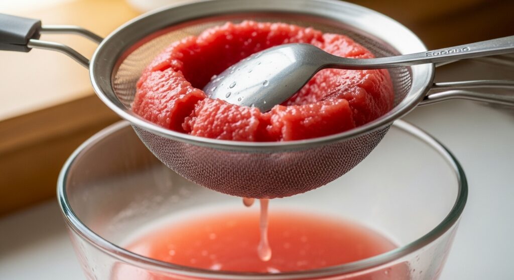 Polpa da receita de doce de goiaba caseiro sendo peneirada em tigela de vidro.