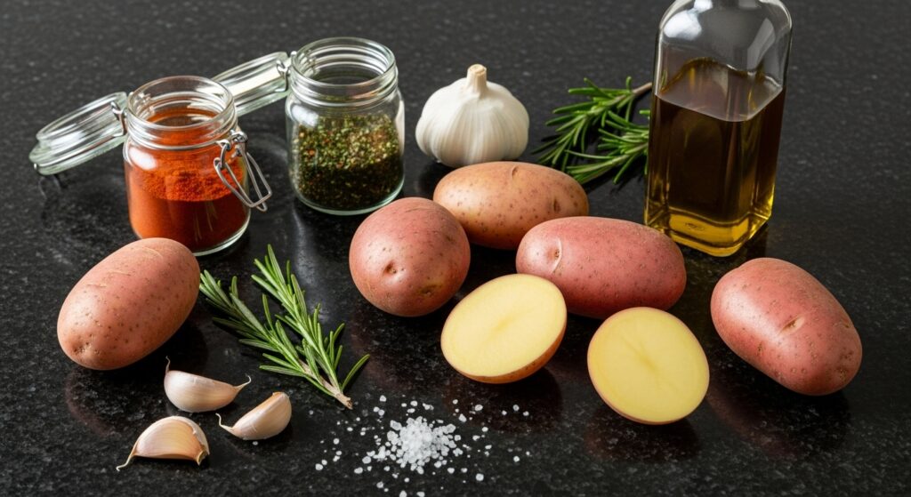 Ingredientes para a receita de batata rústica assada organizados em uma bancada de cozinha.