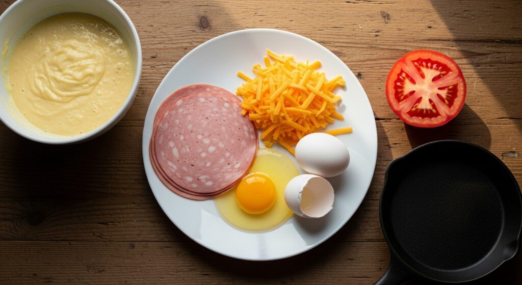 Ingredientes para a receita de café da manhã de frigideira organizados em uma bancada.