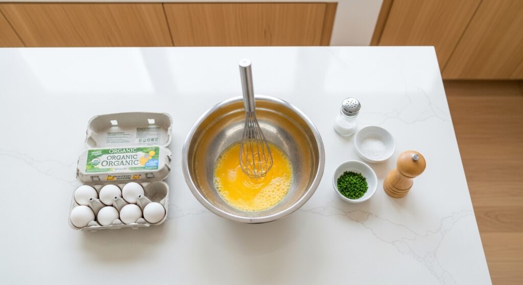 Montagem da receita de café da manhã de frigideira em uma frigideira antiaderente.