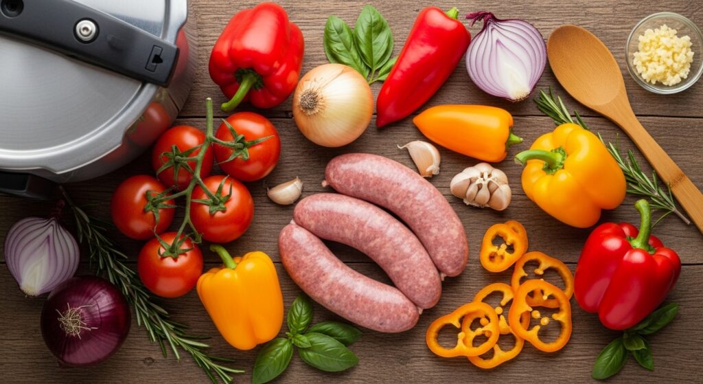 Ingredientes para receita de linguiça na panela de pressão organizados em uma bancada de cozinha.