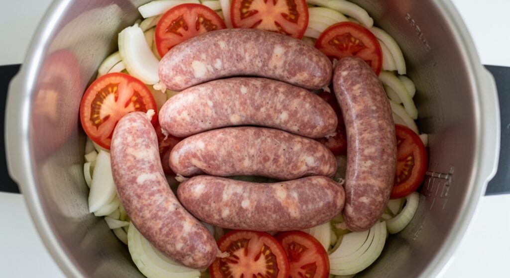 Montagem das camadas da receita de linguiça na panela de pressão.