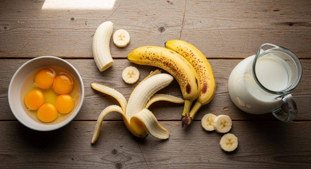 Ingredientes para a receita de pudim de banana com 3 ingredientes organizados em uma bancada de madeira