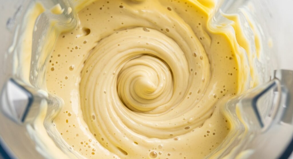 Massa da receita de pudim de banana com 3 ingredientes sendo preparada no liquidificador.