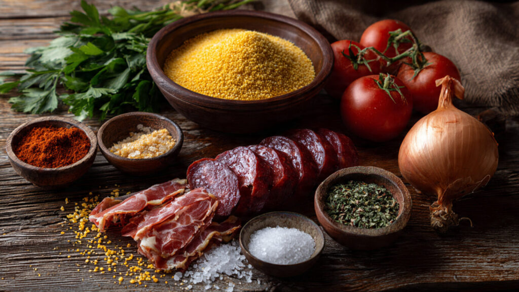Ingredientes para a receita de cuscuz temperado nordestino organizados em uma bancada de cozinha.