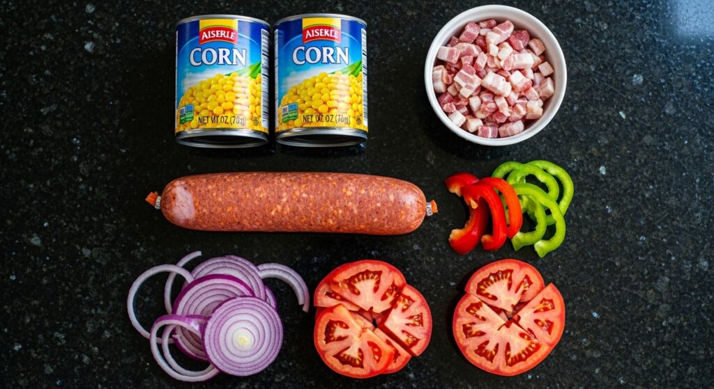 Ingredientes para a receita de milho refogado com bacon e calabresa organizados em uma bancada.