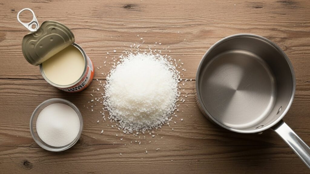 Ingredientes para a receita de cocada fácil com 3 ingredientes organizados em uma bancada de cozinha.