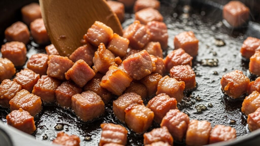 Bacon e calabresa da receita de feijão andu com carnes fritando na panela.