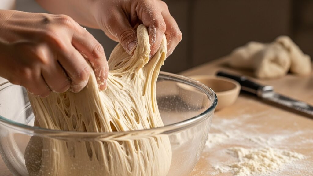 Massa de pão tortano de mortadela defumada sendo preparada em tigela de vidro.