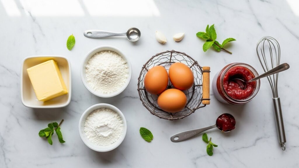 Ingredientes para biscoito amanteigado com goiabada organizados em bancada de cozinha.