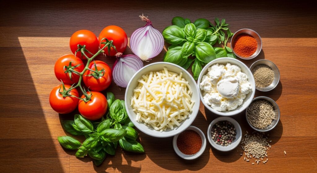 Ingredientes para linguiça toscana recheada no forno organizados em uma bancada de cozinha.