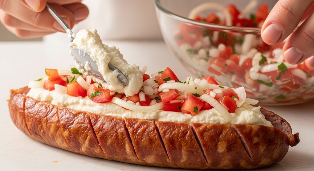 Massa de linguiça toscana recheada no forno sendo preparada em tigela de vidro.