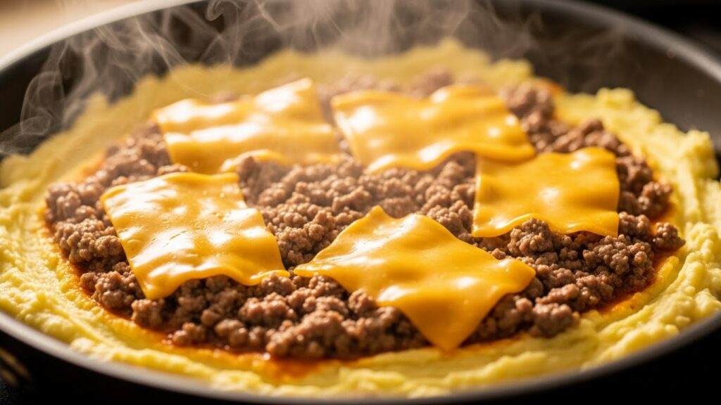 Montagem da panqueca de batata na frigideira com recheio de carne e queijo.