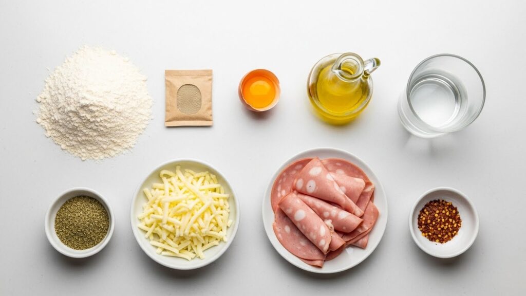 Ingredientes para pão tortano de mortadela defumada organizados em uma bancada de cozinha.