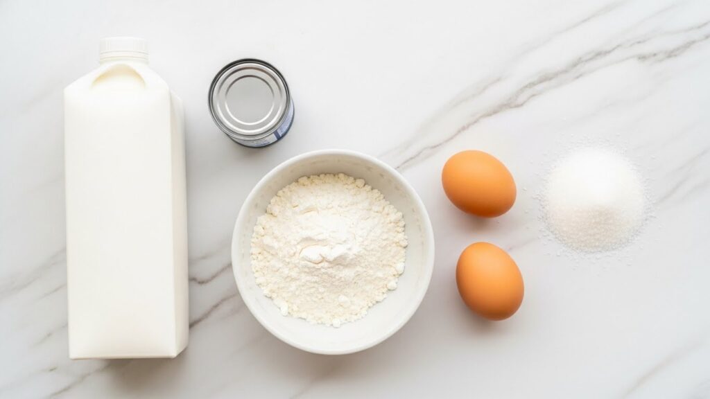 Ingredientes para fazer Pudim Engana Visita organizados na bancada.