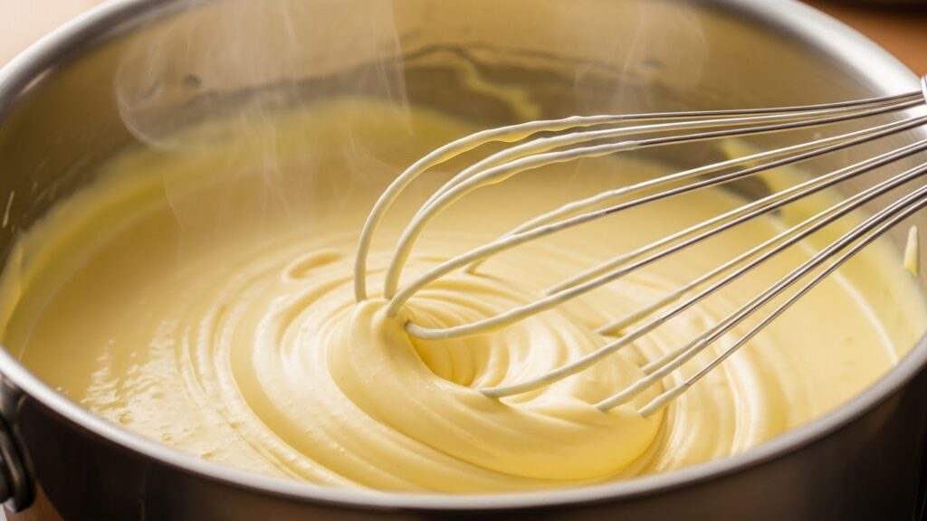 Creme do Pudim Engana Visita sendo preparado na panela até engrossar.