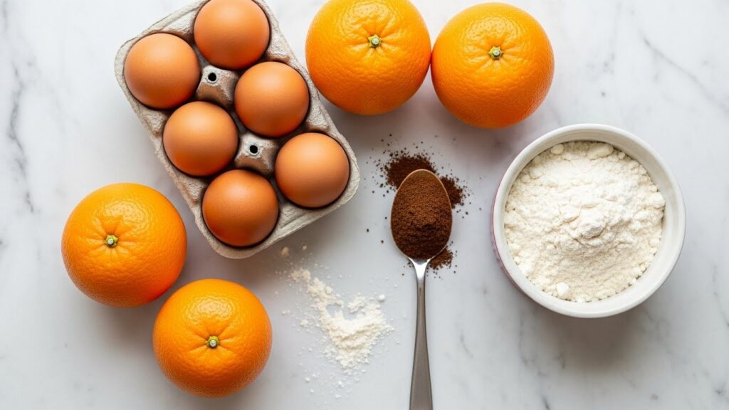 Ingredientes para a receita de bolo de laranja com café organizados em uma bancada de cozinha.