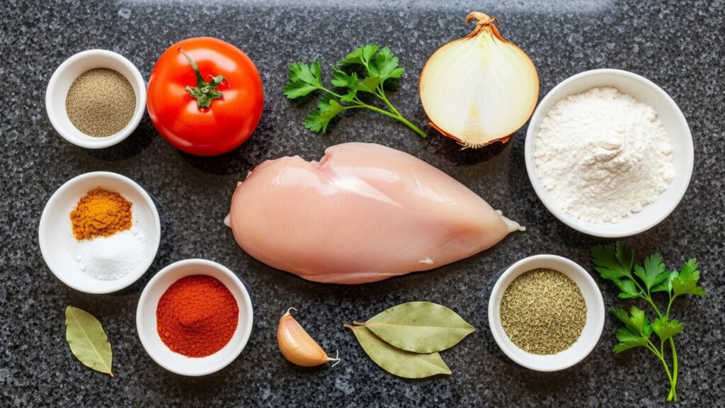 Ingredientes para a receita de croquete de frango fácil organizados em uma bancada de cozinha.
