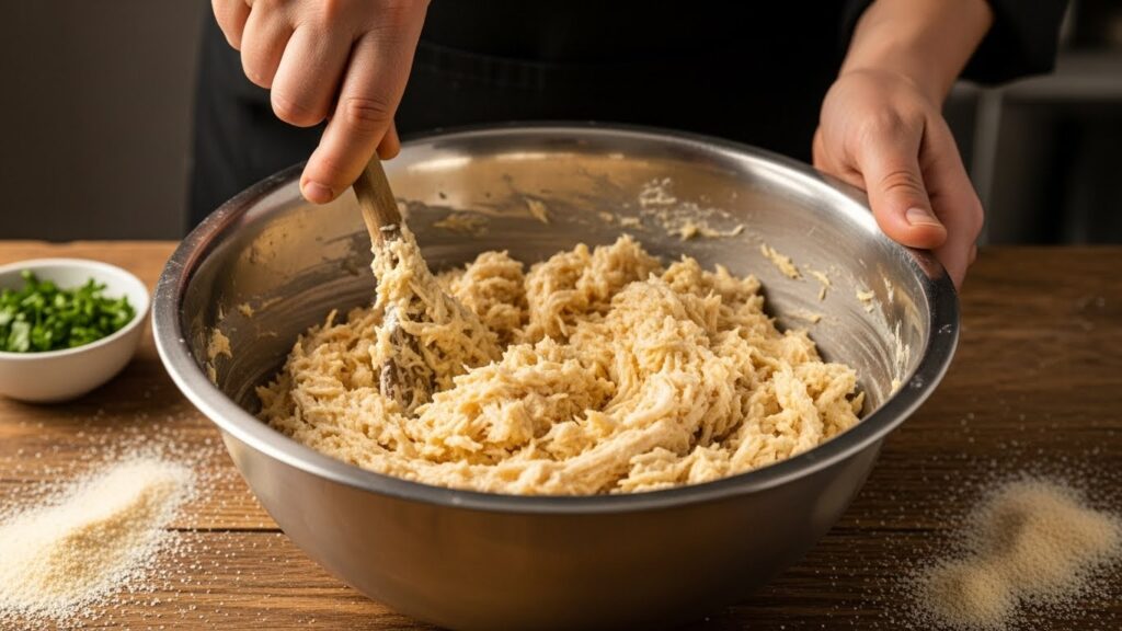 Massa da receita de croquete de frango fácil sendo preparada em tigela de inox