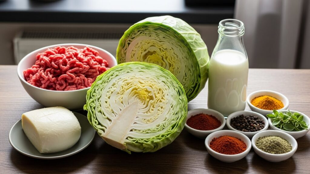 Ingredientes para receita de repolho gratinado com carne moída organizados em bancada de cozinha.