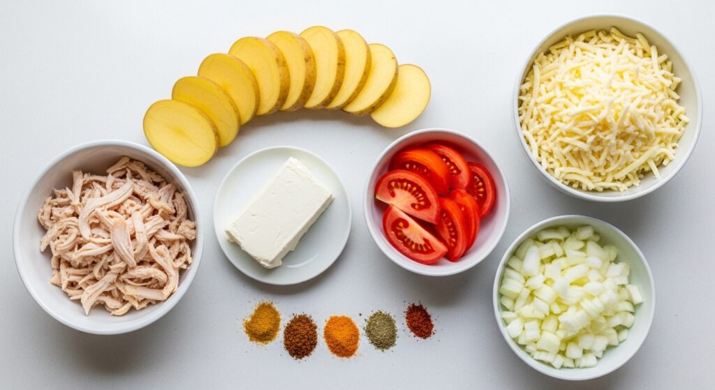 Ingredientes para batata gratinada simples no forno organizados em bancada de cozinha.