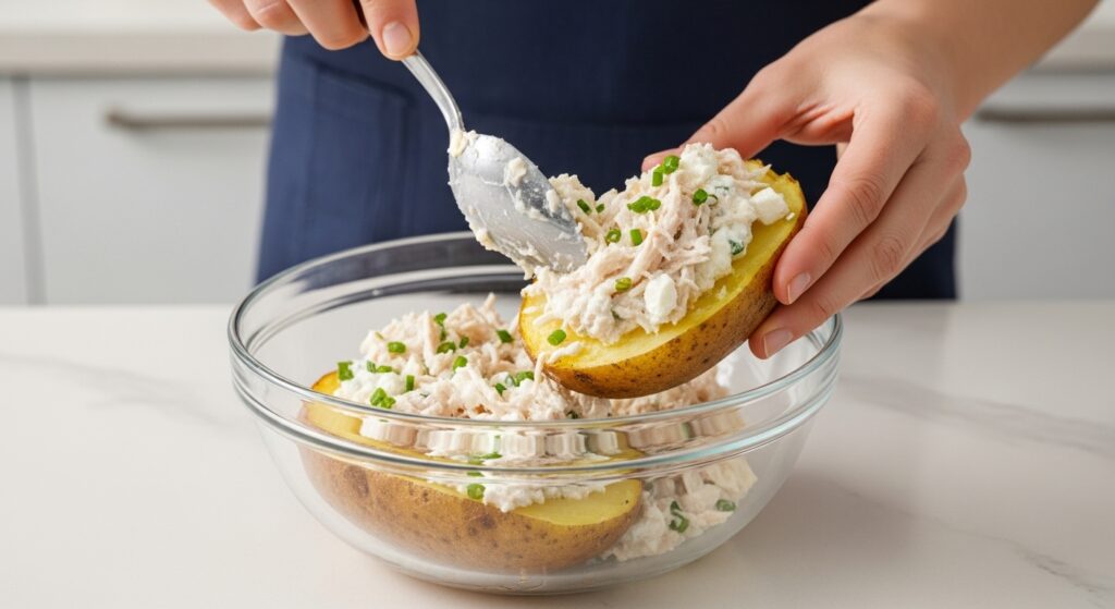 Recheio cremoso de frango sendo colocado na batata gratinada simples no forno.
