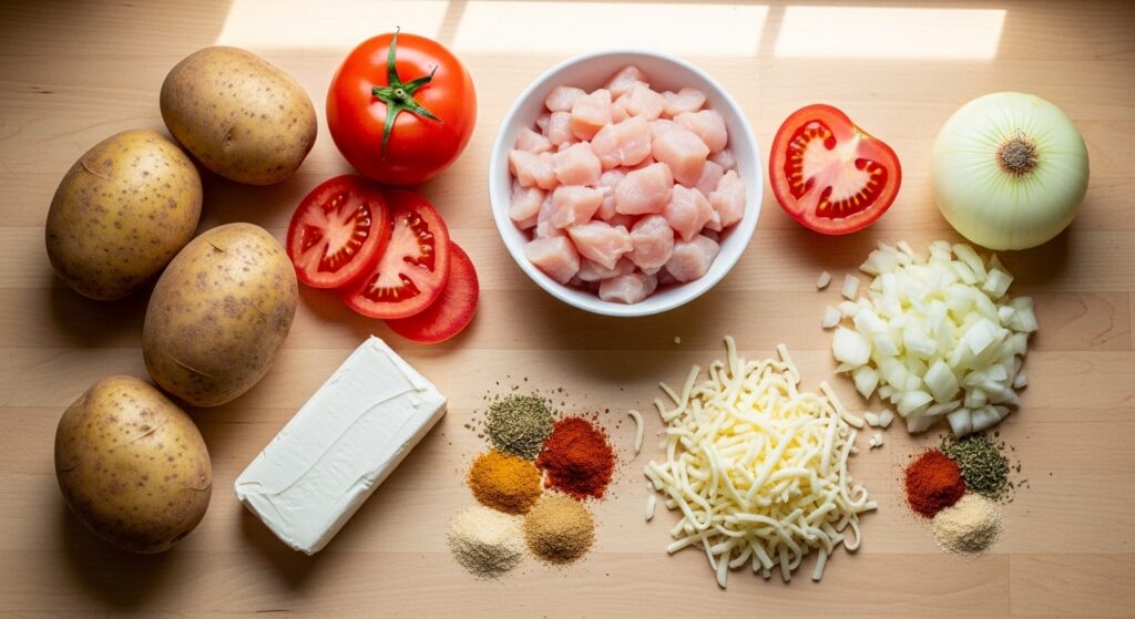 Recheio cremoso de batata recheada com frango e requeijão sendo preparado em tigela de vidro.