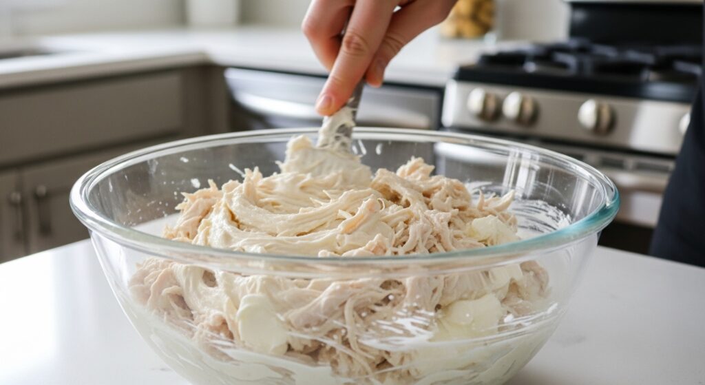 Batata recheada com frango e requeijão sendo levada ao forno para gratinar.