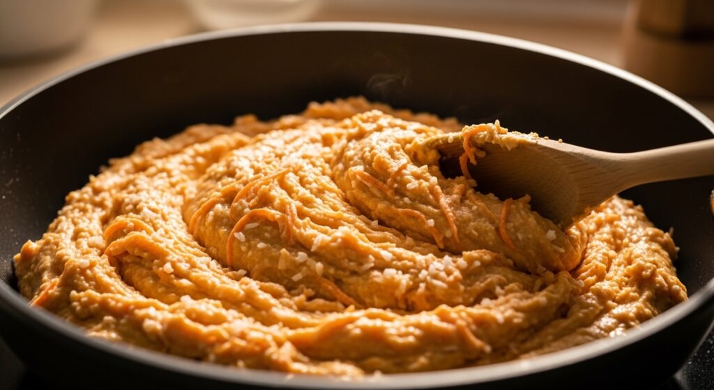 Massa de docinho de cenoura com coco sendo preparada em panela antiaderente.