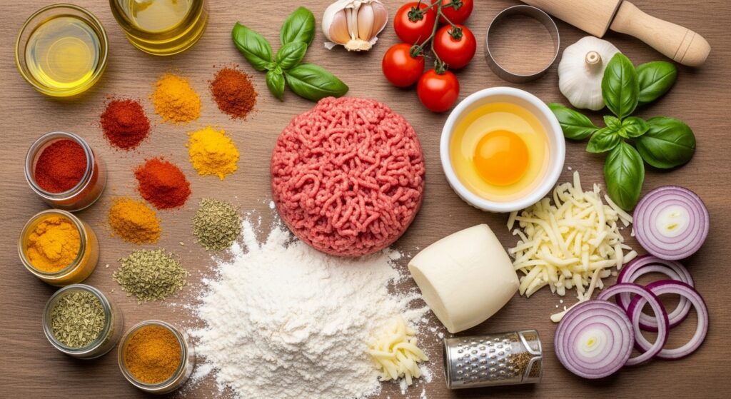 Ingredientes para donut recheado com carne moída organizados em uma bancada de cozinha.