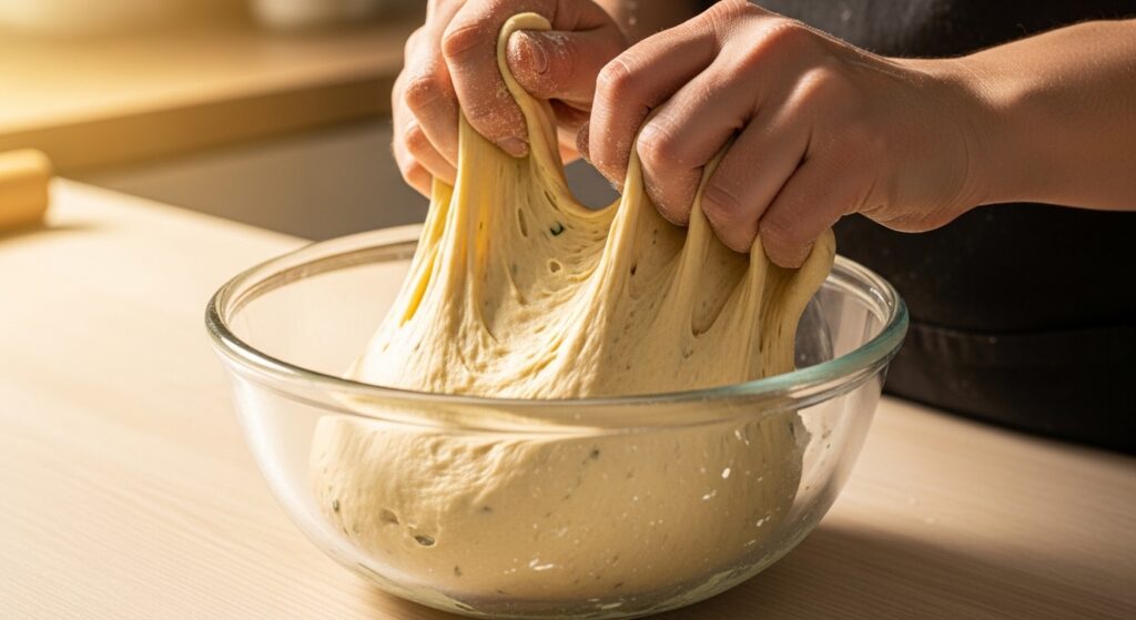 Massa de donut recheado com carne moída sendo preparada em tigela de vidro.
