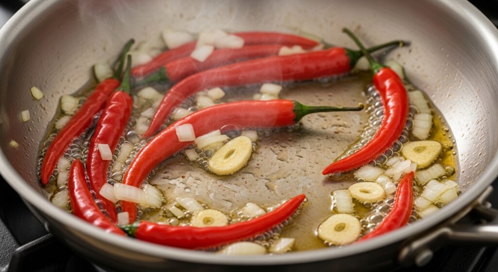 Pimentas dedo-de-moça e temperos cozinhando em uma panela para o preparo da receita de molho de pimenta caseiro.
